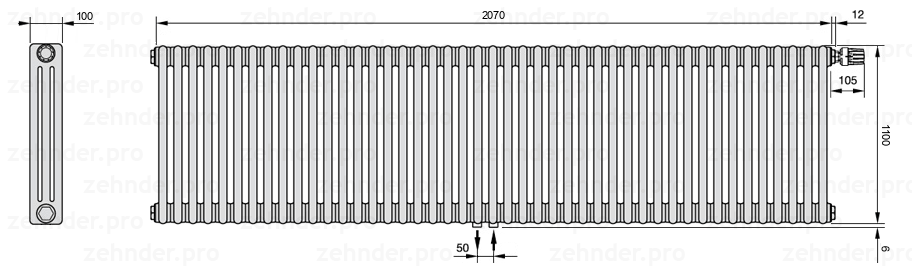 Схема (чертеж) Радиатор Zehnder Charleston 3110/45 №V008 Белый глянцевый RAL 9016